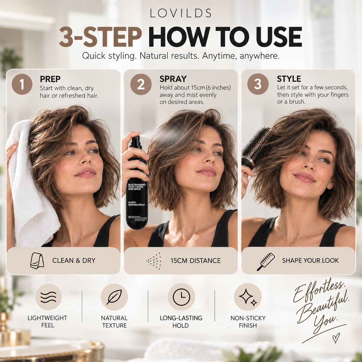 LOVILDS Volumizing & Hold Hair Spray – Lightweight, Bouncy Volume & Long-Lasting Style