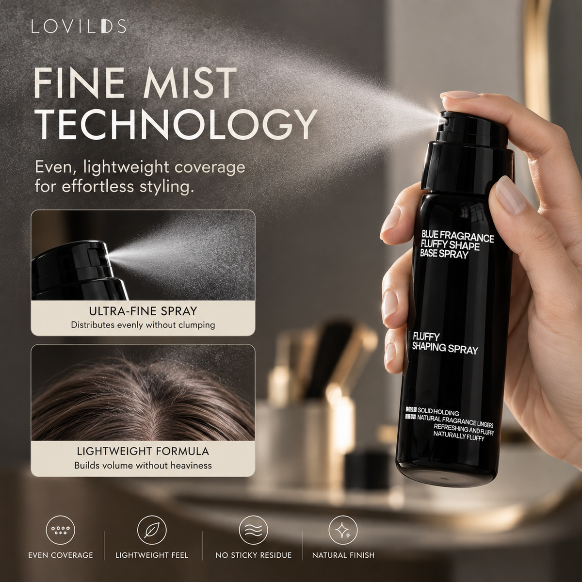 LOVILDS Volumizing & Hold Hair Spray – Lightweight, Bouncy Volume & Long-Lasting Style